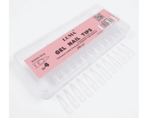 Luma Gel nail tips №04 Stiletto long, гелеві тіпси розчинні,ф-ма стилет довгий, 240 шт/уп