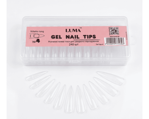 Luma Gel nail tips №04 Stiletto long, гелеві тіпси розчинні,ф-ма стилет довгий, 240 шт/уп